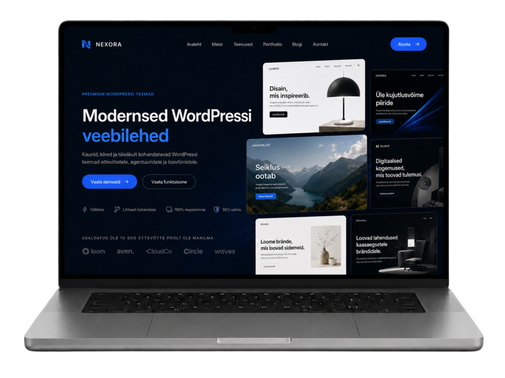 WordPress koduleht sülearvuti ekraanil koos mitme kujundusnäidisega.